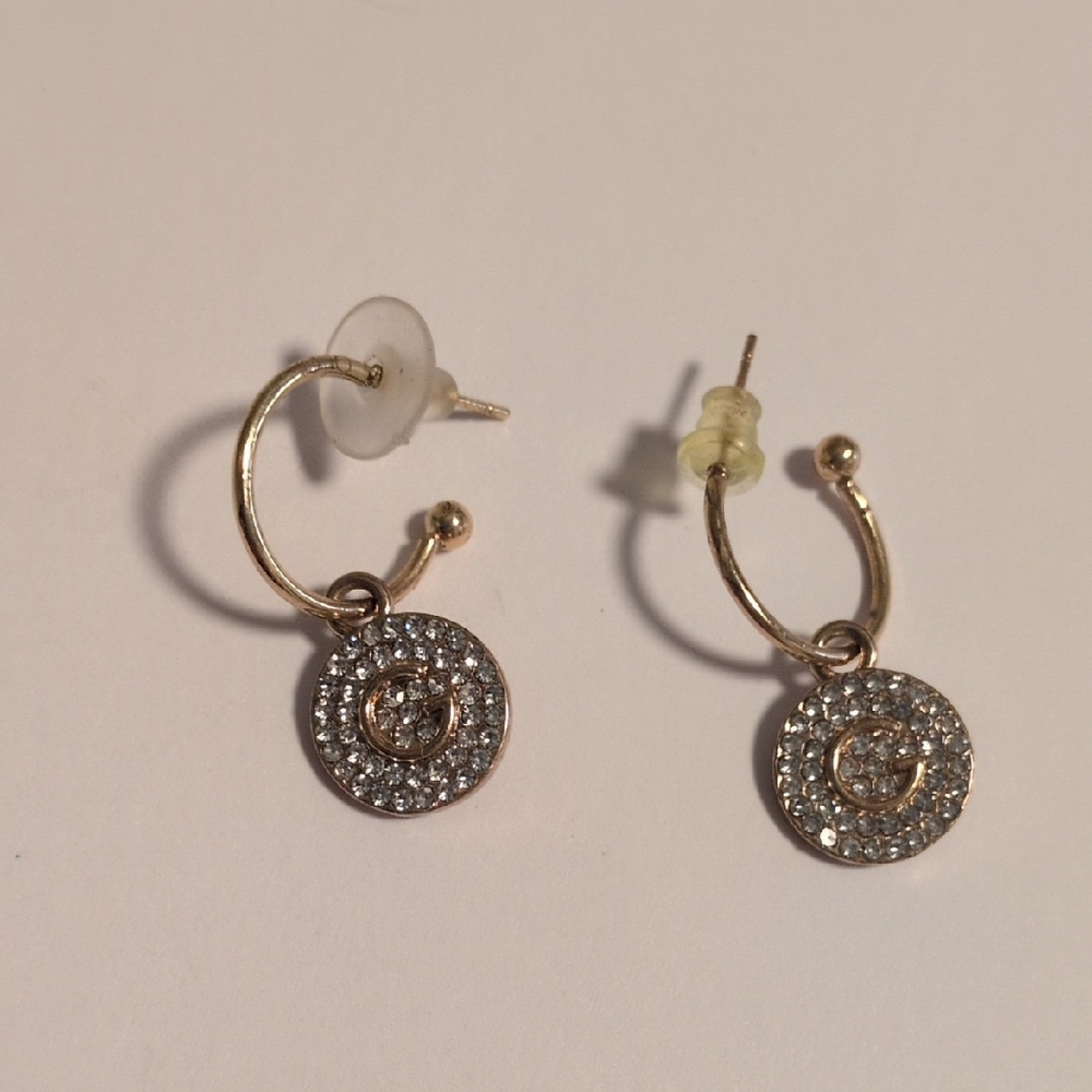 Elegant Gold G‎ Initial and Silver Rhinestones Disc Earrings